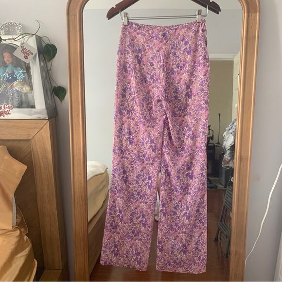 HOUSE OF CB Keala Purple Floral Sheer Side Peek-a-boo Cut Out Tie Cover Up Pants - Picture 7 of 14